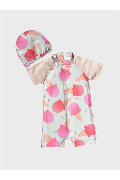 ALİŞ KİDS Girl's Crochet White Ice Cream Patterned Short Sleeve Bonnet Protected Swimsuit