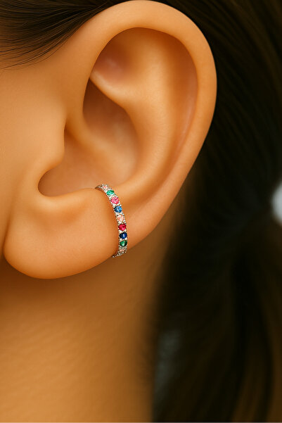 Sacce Scarves&Accessories Multicolor Çok Renkli İnce Taşlı Earcuff Sıkıştırmalı Kıkırdak Küpesi Gümüş Renk
