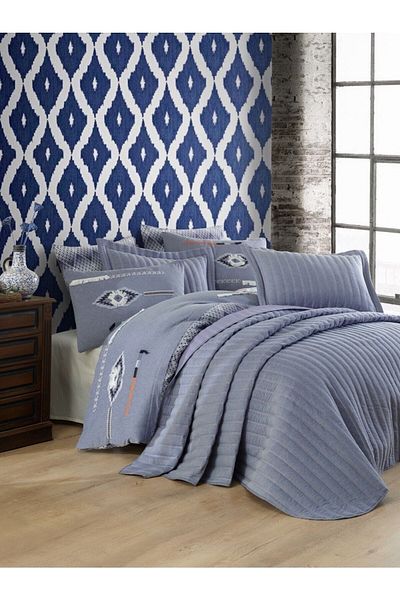 CzyLife Bedspread Set & Embroidered Duvet Cover Set |   Blue |   9 Pieces