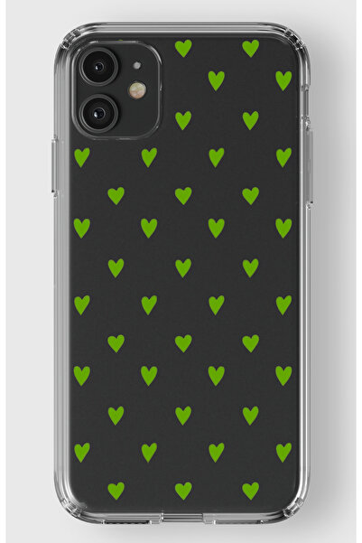 moonset Iphone 11 Uyumlu Yeşil Kalpler Tasarımlı Baskılı Şeffaf Telefon Kılıfı