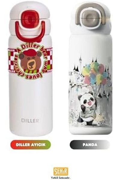 DERİK Diller 600ml Cute Animals Patterned Stainless Steel Thermos with Straw/Without Straw with Hand Strap