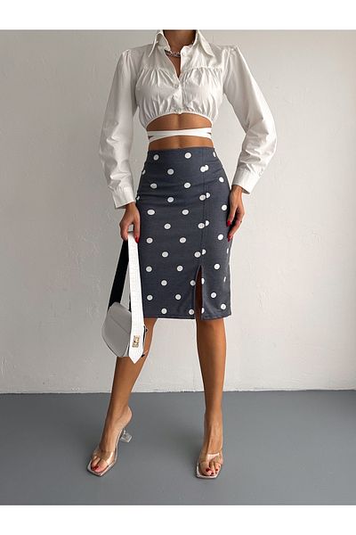YUSUF CAN KARATAŞ KARATAŞ GİYİM Women's Polka Dot Elastic Waist Slit Pencil Skirt Length 65 cm
