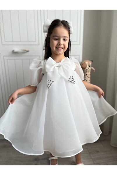 sarena Princess Dress White Bow Detail Children's Wedding Evening Dress + Buckle