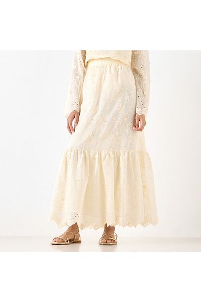 Youth All-Over Floral Embroidered A-line Skirt with Scallop Hem and Elasticated Waistband