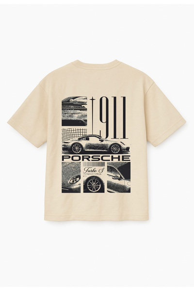Altair Tr تي شيرت بيج اللون كبير الحجم مطبوع عليه سيارة بورش 911 للجنسين
