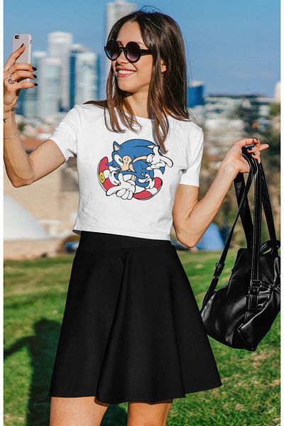 Fuddy Moda Crop Top με στάμπα Hedgehog Sonic, Γυναικεία μπλούζα με θέμα τα κινούμενα σχέδια
