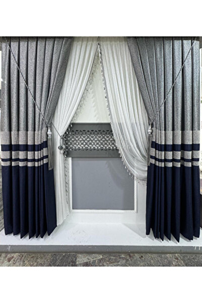Koral Pano Fon Perde ( 2 kanat ) -Sık Pile -Yeni Sezon -lacivert,gri renk - armür desen
