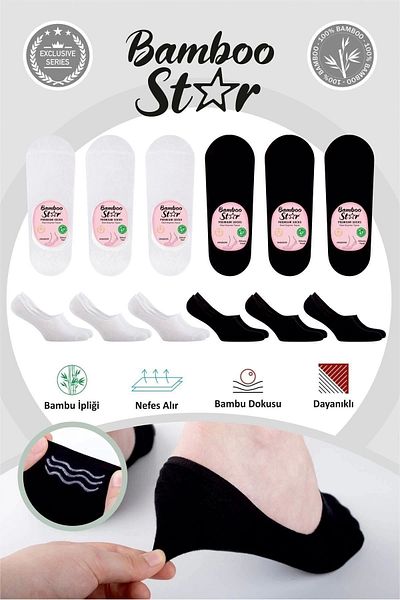 bamboo star Bamboo Women's Ballerina White - Black Socks Seamless Invisible Non-Slip Heel Silicone Pack of 6