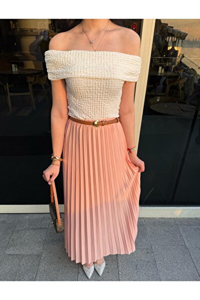 thesunfyre Γυναικεία ροζ ελαστική μέση ίσια πλισέ μάξι φούστα