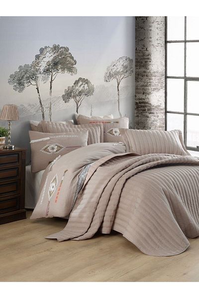 CzyLife Bedspread Set & Embroidered Duvet Cover Set |   Beige |   9 Pieces