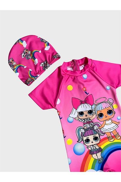 ALİŞ KİDS Girl's Pink Lol Patterned Short Sleeve Boned Protected Swimsuit