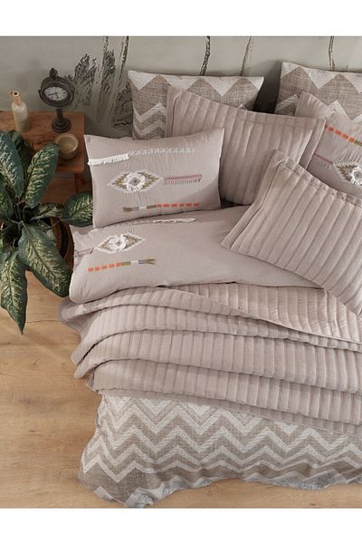 CzyLife Bedspread Set & Embroidered Duvet Cover Set |   Beige |   9 Pieces