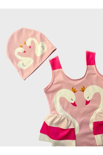 ALİŞ KİDS Girl's Light Pink Swan Patterned Ruffled Bonnet Swimsuit