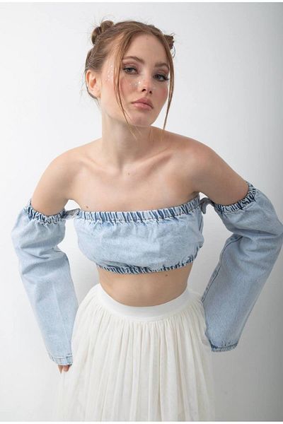 DENİKK TREND CROP DENIM JEAN FĂRĂ BRETELE CĂMAȘĂ BUSTIERĂ SPĂLATĂ