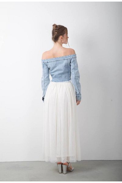DENİKK TREND CROP DENIM JEAN FĂRĂ BRETELE CĂMAȘĂ BUSTIERĂ SPĂLATĂ