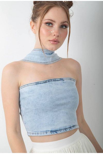 DENİKK TREND CROP DENIM JEAN FĂRĂ BRETELE CĂMAȘĂ BUSTIERĂ SPĂLATĂ