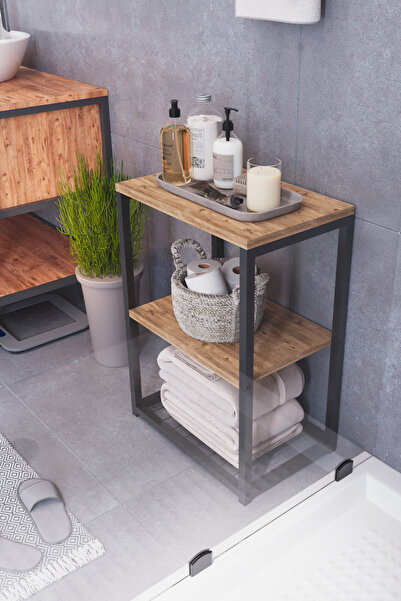 interGO Metal Ayaklı ve Ahşap Raflı Dekoratif Banyo Rafı