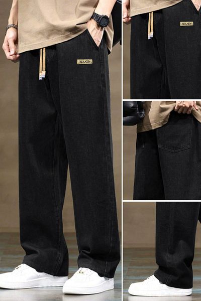 THE RULE Men's Black Baggy Elastic Waist Lycra Straight Leg Loose Cut Casual Denim Jean Pants Rf0480