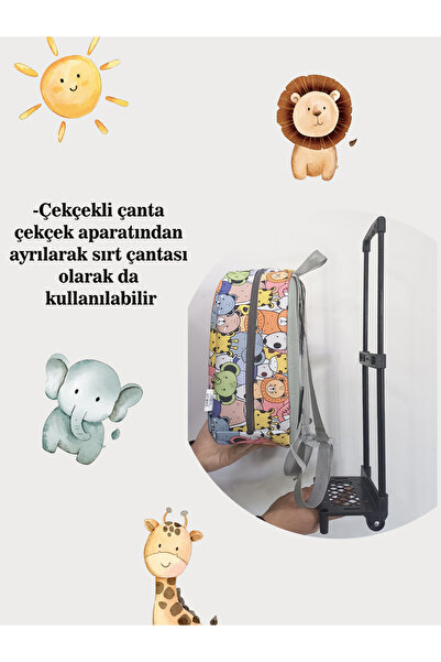 migie Kişiye Özel İsimli Çekçekli Çanta Anaokulu/Kreş Çantası Colorful Animals 2-6 Yaş