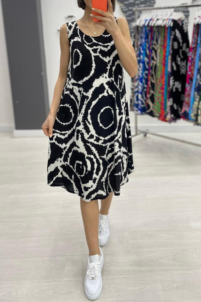 AYASOFYA OTANTIK Γυναικείο μαύρο μοτίβο αμάνικο μίντι φόρεμα