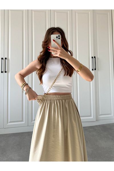 manana fashion Liyosel Υφασμάτινη Μακριά Φούστα με Ελαστική Μέση Πέτρα