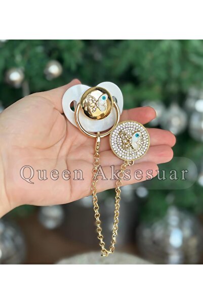QUEEN AKSESUAR Lüks Taşlı tasarım bebek Emzik Zincir kelebek nazar boncuklu A...
