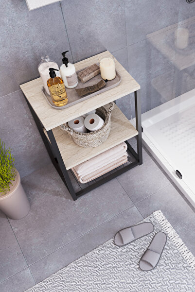 interGO Metal Ayaklı ve Ahşap Raflı Dekoratif Banyo Rafı