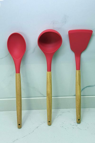Albergio Wooden Handle Silicone Kitchenware Set – 32 cm Spoon-Ladle-Spatula