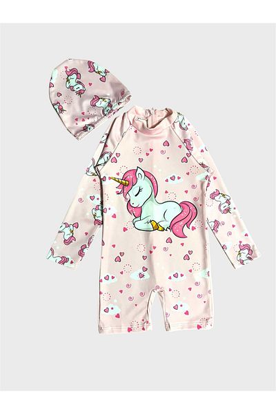 ALİŞ KİDS Girl's Pink Unicorn Patterned Long Sleeve Boned Protected Swimsuit