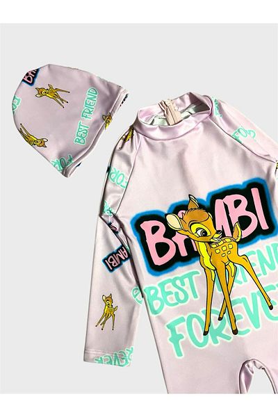 ALİŞ KİDS Girl's Lilac Deer Patterned Long Sleeve Bonnet Protected Swimsuit