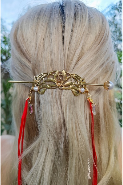 Freya Kırmızı Kurdele Etnik Antik Çin Asya Çubuk Toka