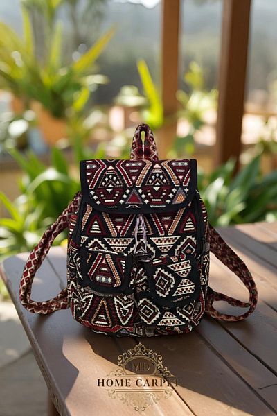 mdhomecarpet Rucsac de damă Kilim Carpă realizat manual 30x40 cm |   Geantă din țesătură cu model Şark Corner Calitate autentică