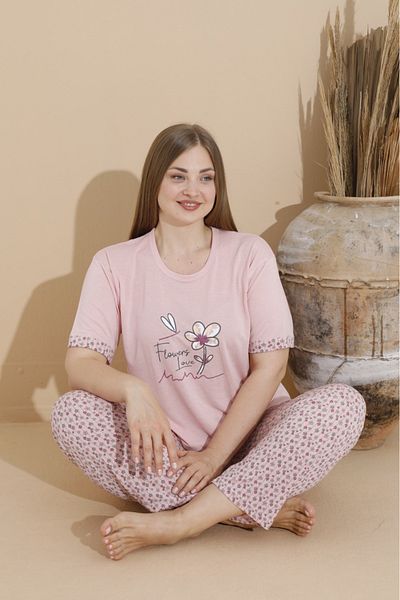 makkash Cotton Plus Size Printed Pink Oversize Bottom Long Women's Pajamas Set
