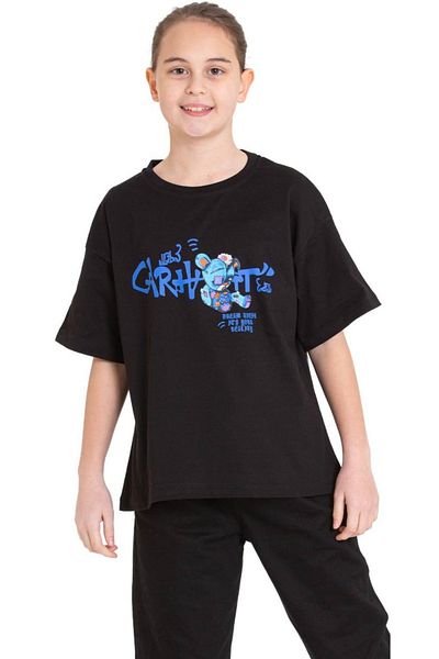 İrem Çocuk Giyim Girl's Oversize Black T-Shirt with Bear Text Pattern on the Front and Back