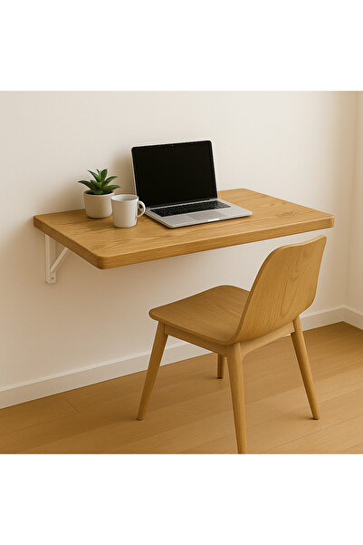 Trihome Katlanabilir Duvar Masası | 90x40 cm | Doğal Meşe Görünümlü Masif Ahş...