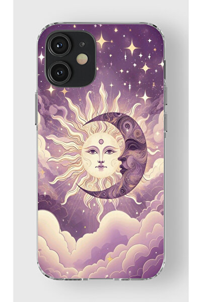 moonset Iphone 12 Mini Uyumlu Ay ve Güneş Tasarımlı Baskılı Şeffaf Telefon Kı...