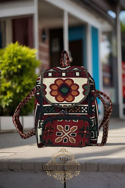 mdhomecarpet Rucsac de damă Kilim Carpă realizat manual 30x40 cm |   Geantă din țesătură cu model Şark Corner Calitate autentică