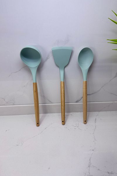 Albergio Wooden Handle Silicone Kitchenware Set – 32 cm Spoon-Ladle-Spatula