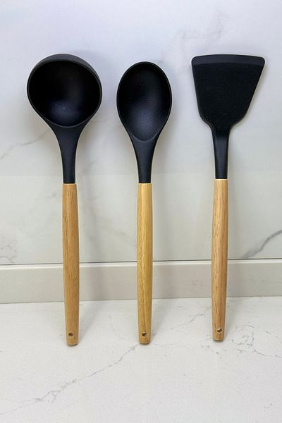 Albergio Wooden Handle Silicone Kitchenware Set – 32 cm Spoon-Ladle-Spatula
