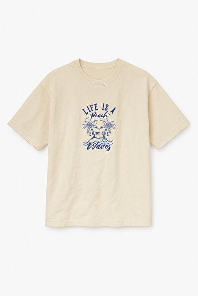 Altair Tr Beige Color Oversize Life Is a Beach, Sea Coast Printed Unisex T-Sh...