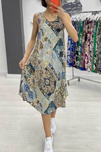 AYASOFYA OTANTIK Rochie midi fără mâneci cu model verde bej multicolor pentru...
