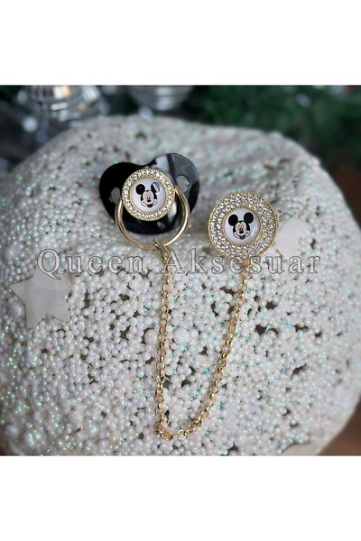 QUEEN AKSESUAR Lüks Taşlı tasarım bebek Emzik Zincir Mickey mouse fare Altın ...