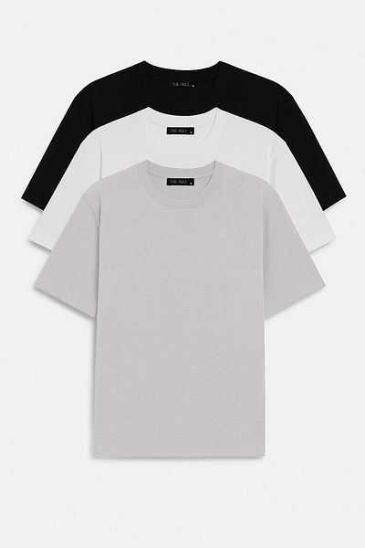 THE RULE Unisex 3 Pack Μαύρο - Λευκό - Γκρι Oversize 100% βαμβακερό φαρδύ φαρδύ μπλουζάκι με λαιμόκοψη Basic