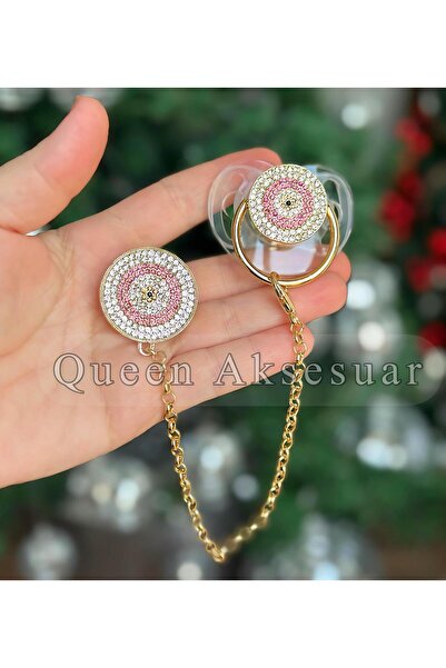 QUEEN AKSESUAR Lüks Taşlı tasarım bebek Emzik Zincir pembe nazar boncuğu bonc...