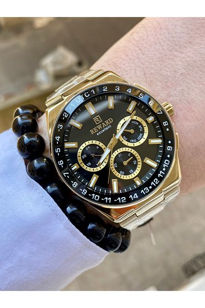Reward Steel Gold Color with Calendar Men's Steel Wrist Watch with Bracelet Gift