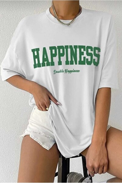 WOODROFFE Women's Happiness Printed White Black T-Shirt Oversize Loose