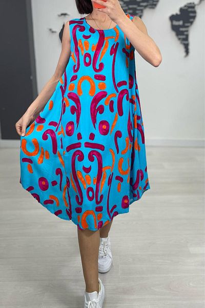 AYASOFYA OTANTIK Women's Turquoise Print Sleeveless Midi Dress