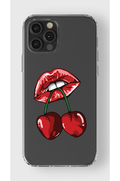 moonset Iphone 12 Pro Max Uyumlu Dudak ve Kiraz Tasarımlı Baskılı Şeffaf Tele...