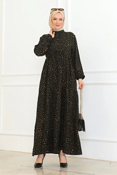 Neva Style Black/Mustard Patterned Viscose Dress