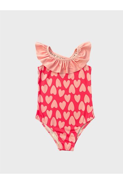ALİŞ KİDS Girl's Pink Heart Patterned Ruffled Cross Strap Swimsuit